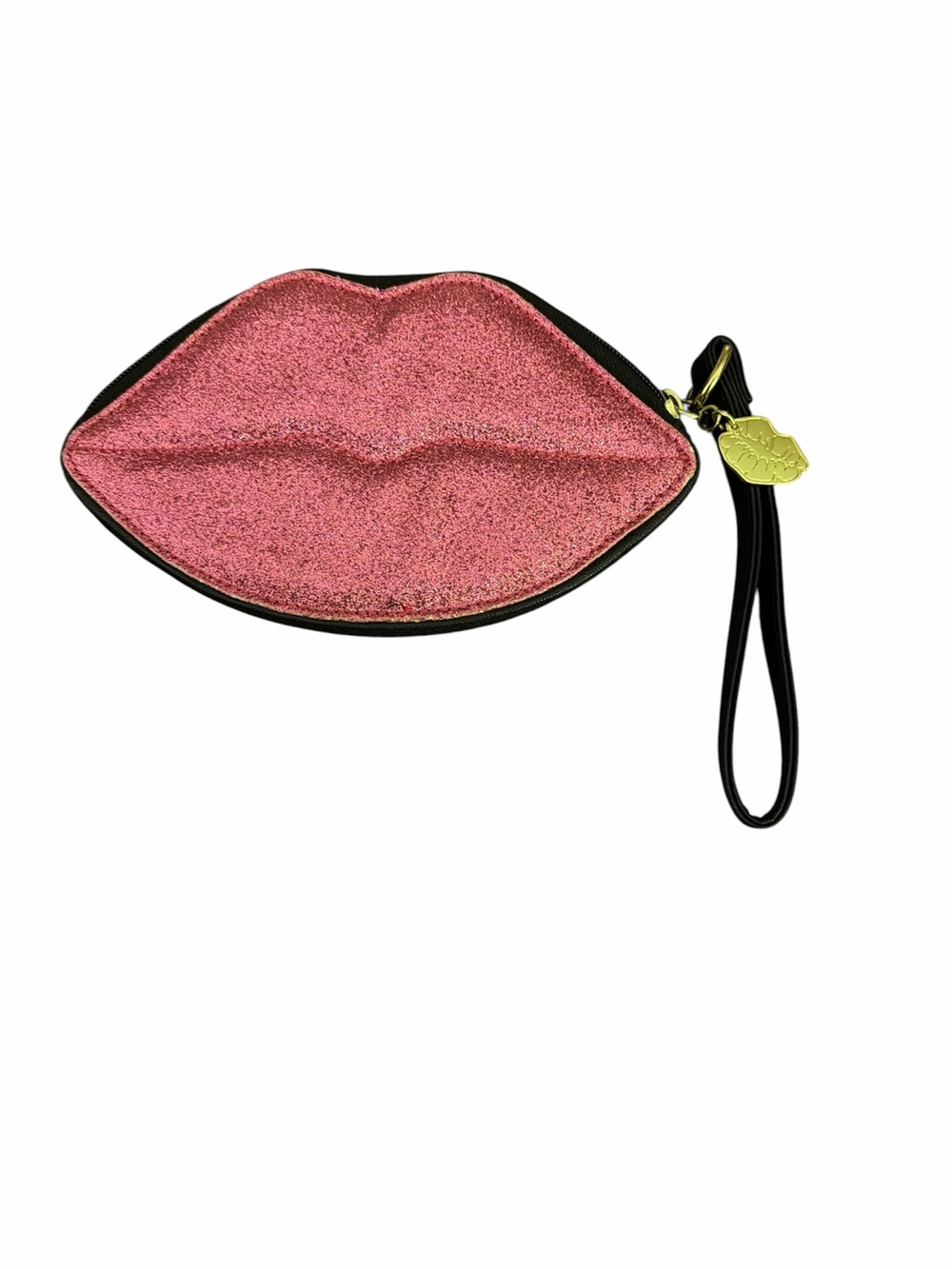 Betsey Johnson Pink Glitter Lip Wristlet Clutch